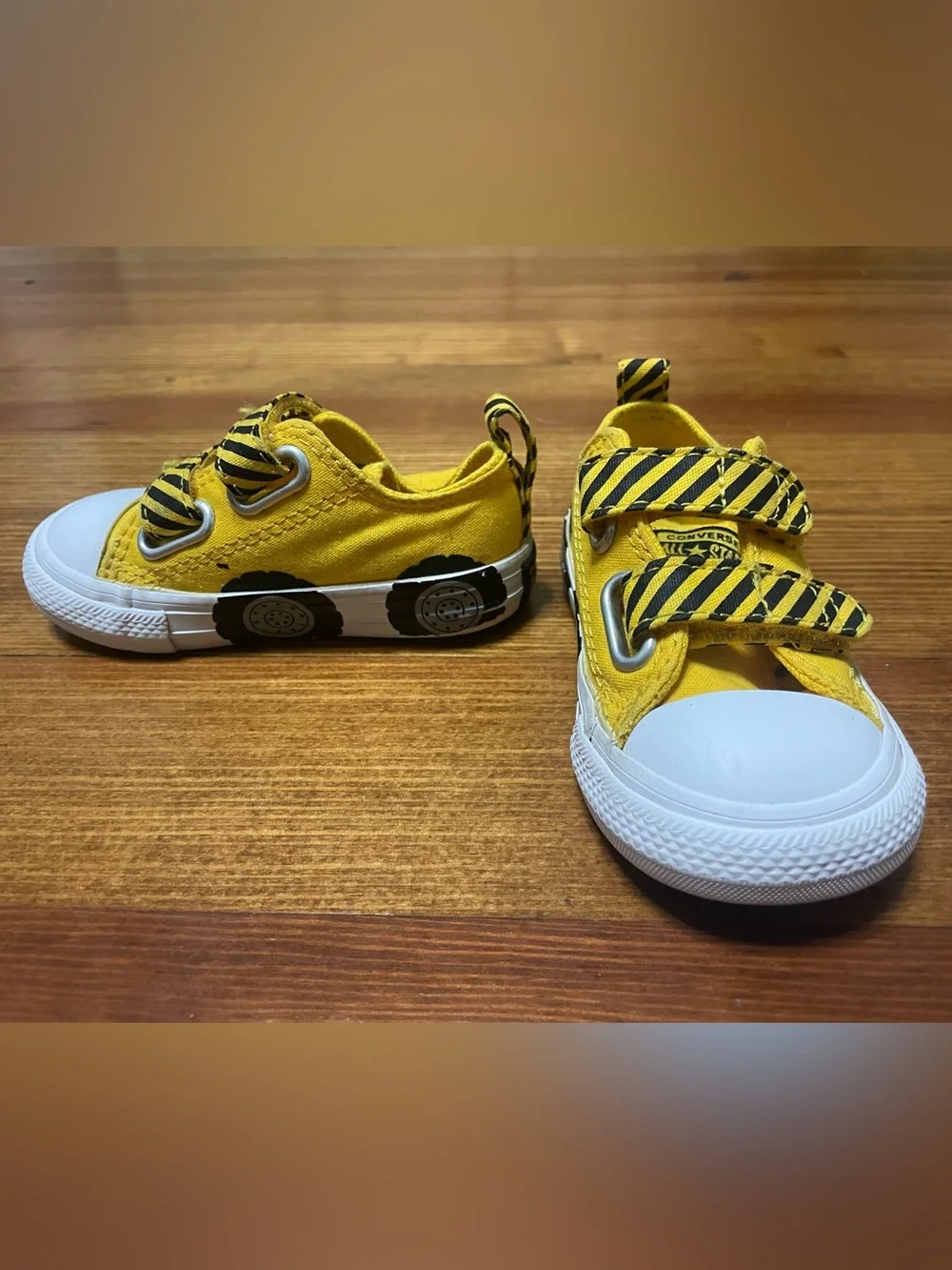Converse Toddler Yellow Construction Truck Sneakers with Black Striped Velcro 5